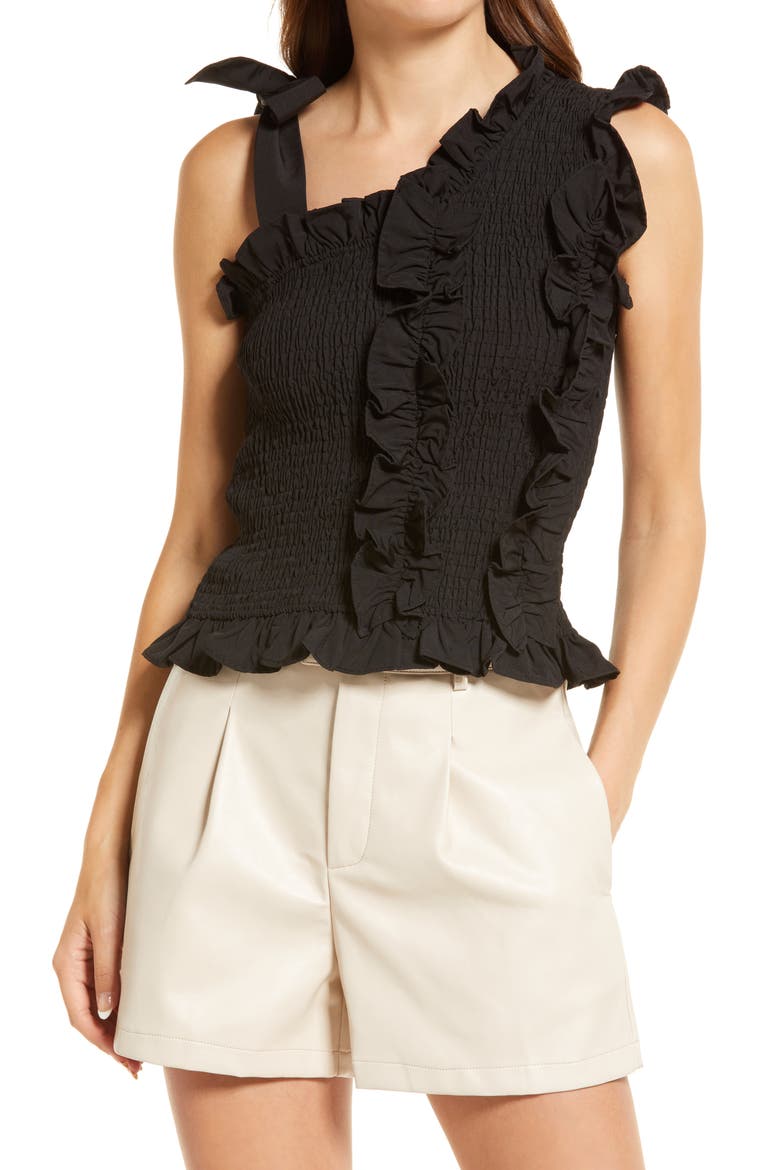 Shirred Asymmetrical Tie Shoulder Top, Main, color, BLACK