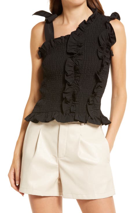 Shirred Asymmetrical Tie Shoulder Top
