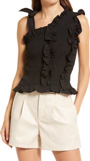 Amy Lynn Shirred Asymmetrical Tie Shoulder Top