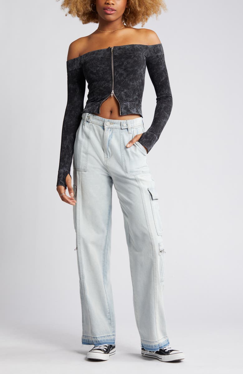 BDG Urban Outfitters Rib Off the Shoulder Zip Up Crop Top, Main, color, 