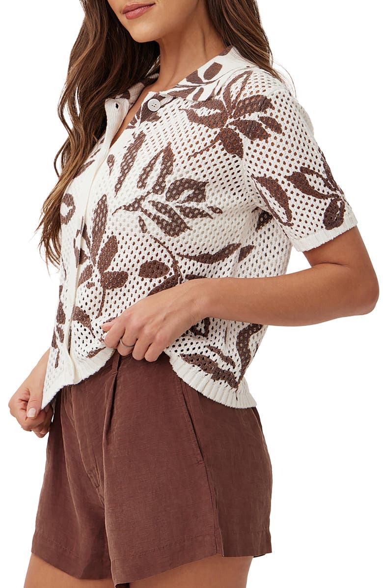 Bella Dahl Leaf Print Open Stitch Short Sleeve Cotton Sweater, Alternate, color,