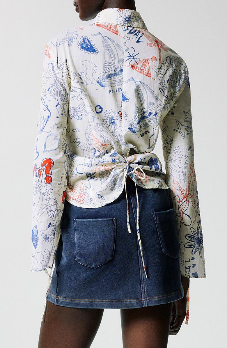 Desigual Ruched Long Sleeve Cotton Button-Up Shirt, Alternate, color, Light Beige