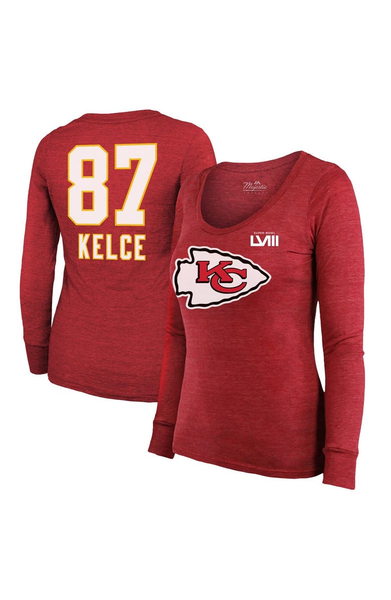 Majestic Threads Women's Majestic Threads Travis Kelce Red Kansas City Chiefs Super Bowl LVIII Scoop Name & Number Tri-Blend Long Sleeve T-Shirt, Main, color,