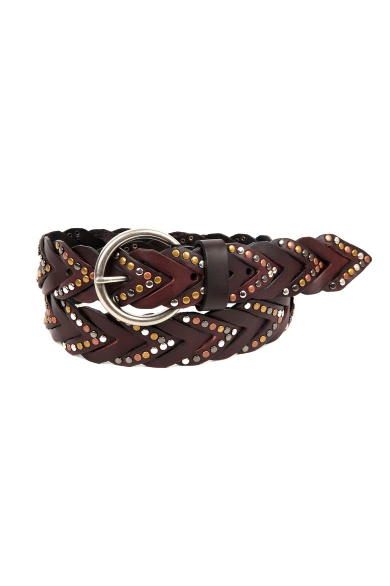 Barracuda Genuine Leather Woven Distressed Studded Belt, Main, color, Coffee