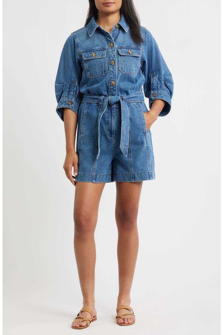 Barrel Sleeve Tie Waist Denim Romper, Main, color, MID BLUE