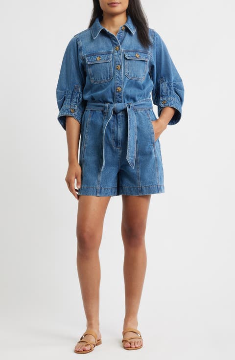 Barrel Sleeve Tie Waist Denim Romper