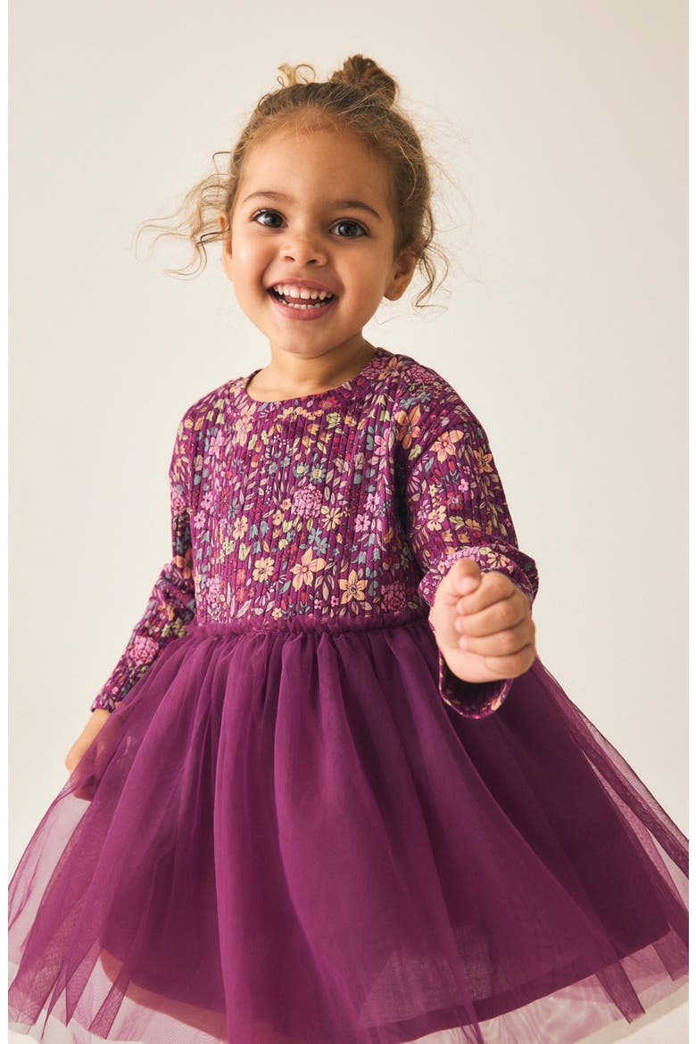 Kids' Ditsy Pleated Floral Mixed Media Mesh Dress, Alternate, color, RED