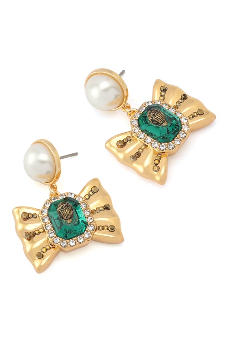 Faux Pearl Bow Drop Earrings, Alternate, color, GOLD/ GREEN