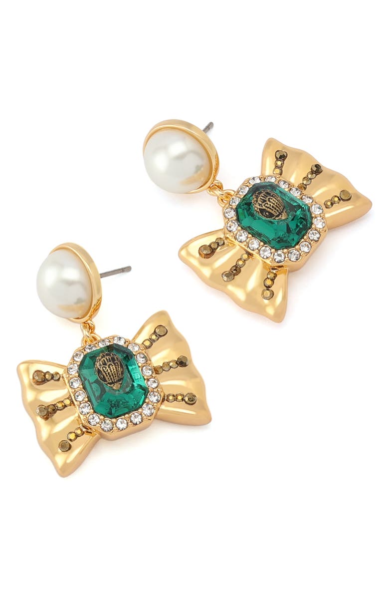 Kurt Geiger London Faux Pearl Bow Drop Earrings, Alternate, color, Gold/ Green