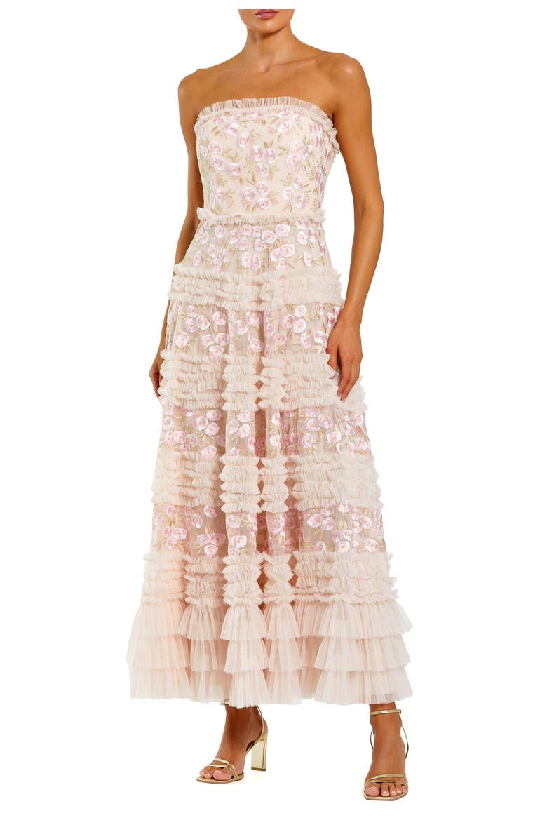 Mac Duggal Floral Embroidered Strapless Ruffle Midi Dress, Main, color, Blush Multi