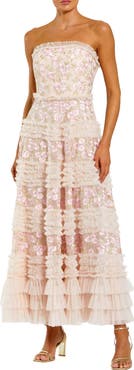 Mac Duggal Floral Embroidered Strapless Ruffle Midi Dress