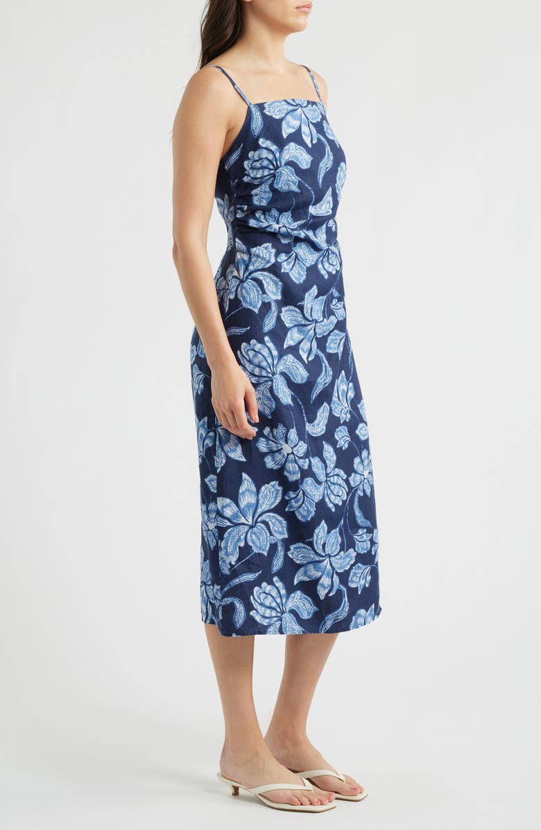 Madewell Sharona Ruched Linen Midi Dress, Alternate, color, Classic Indigo