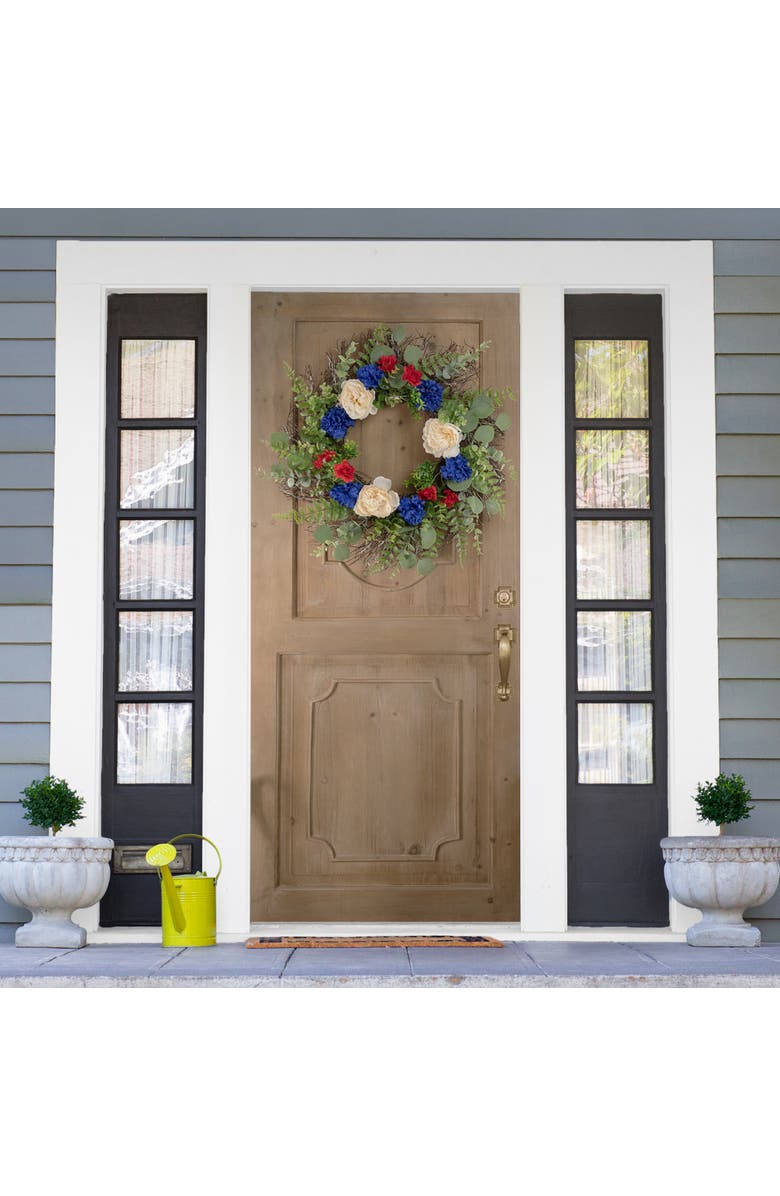 Northlight Americana Mixed Foliage and Florals Artificial Patriotic Wreath - 24"- Unlit, Alternate, color, Red