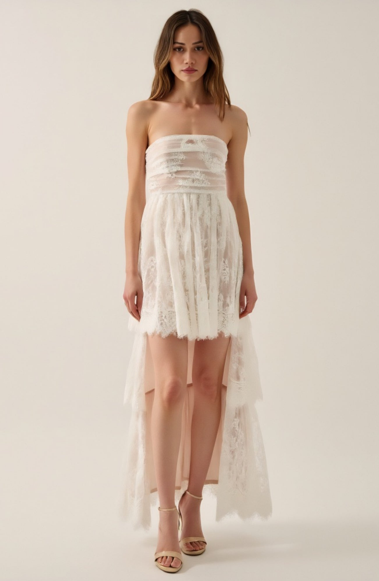 Modenaire Strapless Lace High-Low Dress with Sheer Bodice and Tiered Skirt, Alternate, color, 