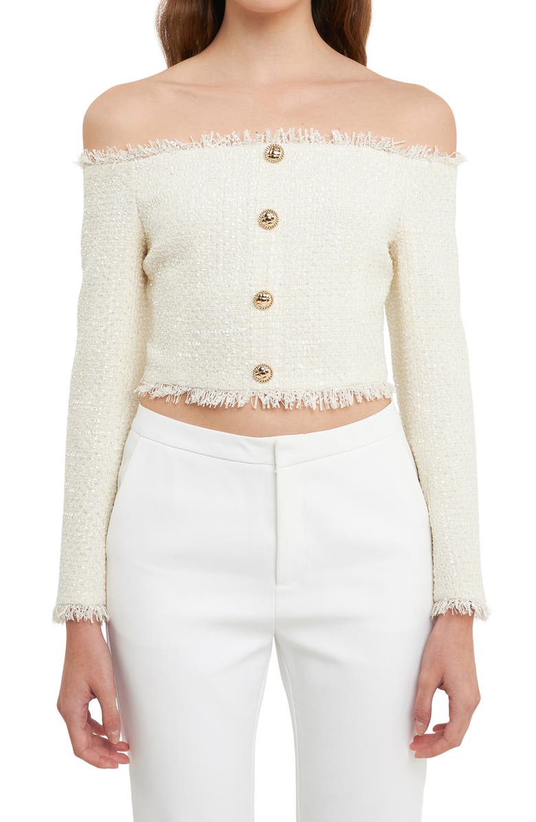 Endless Rose Off the Shoulder Tweed Crop Top, Alternate, color, 