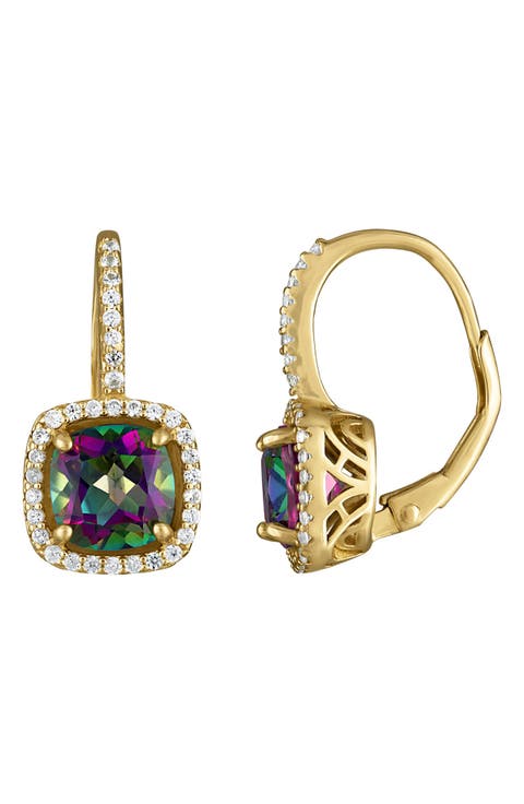 14K Gold Over Silver Gemstone And Diamond Leverback Earrings