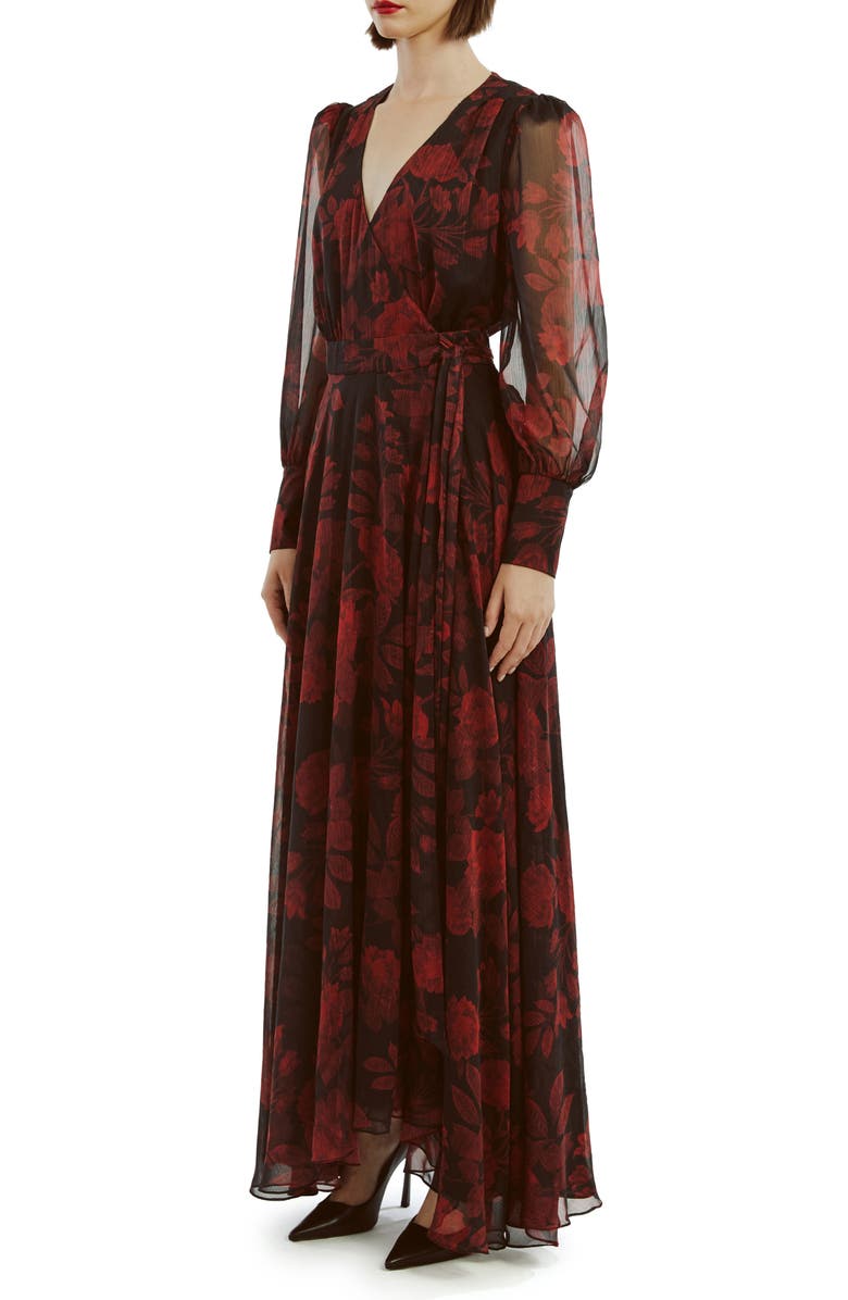 Bardot Lucianna Long Sleeve Maxi Wrap Dress, Alternate, color, Red Floral