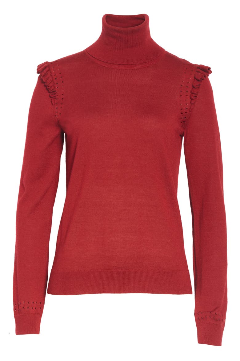 kate spade new york ruffle turtleneck sweater, Alternate, color, DEEP RUSSET