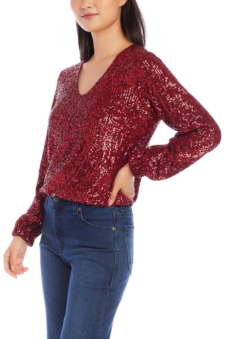 Sequin V-Neck Top, Alternate, color, RUBY