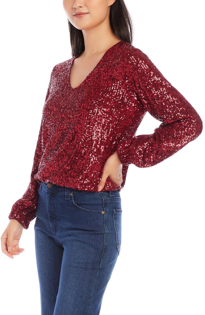 Karen Kane Sequin V-Neck Top, Alternate, color, Ruby