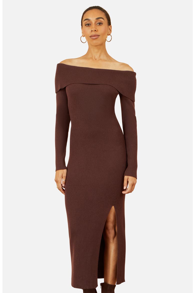 Bardot Knitted Fitted Midi Dress, Alternate, color, Brown
