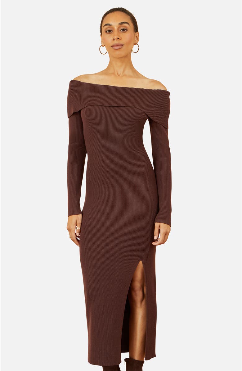 Yumi Bardot Knitted Fitted Midi Dress, Alternate, color, Brown