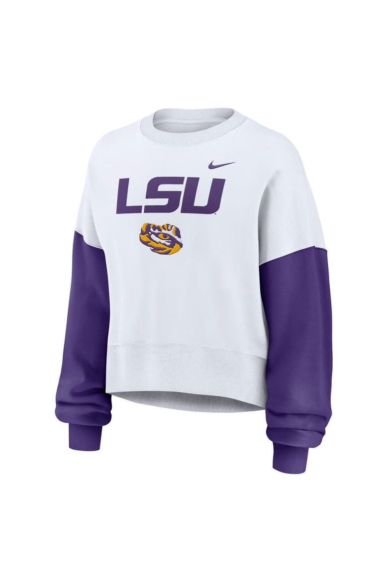 Women's Nike White LSU Tigers Color-Block Oversized Cropped Pullover Sweatshirt, Alternate, color, White