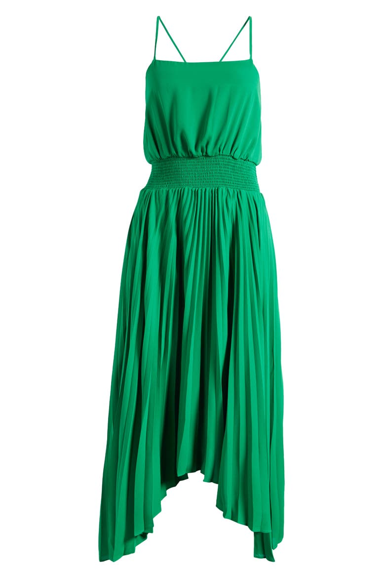 Pleated Sharkbite Hem Midi Dress, Alternate, color, JOLLY GREEN