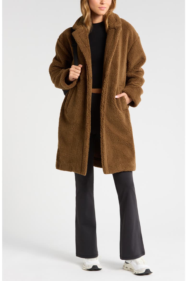 Faux Shearling Longline Coat, Alternate, color, BROWN TEAK