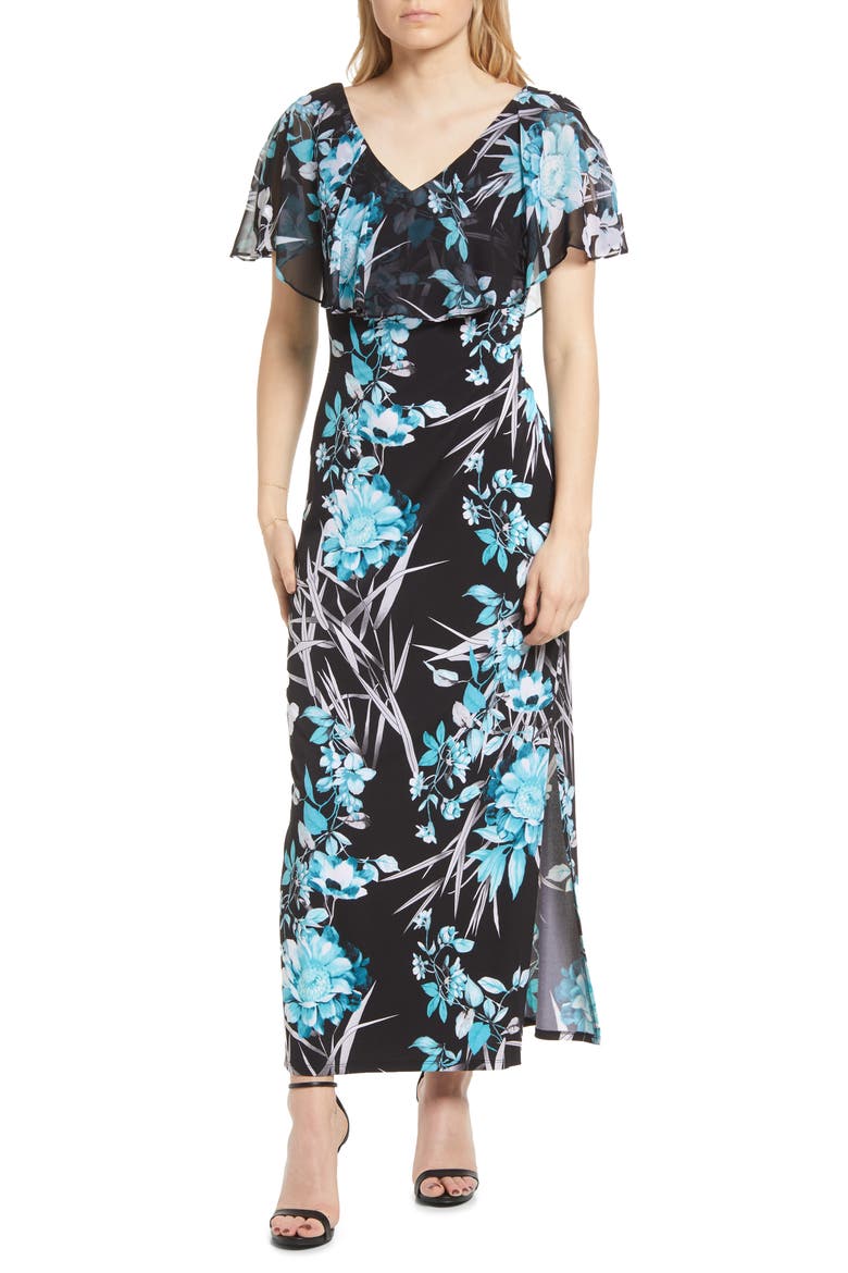 Floral Convertible Off the Shoulder Chiffon Maxi Dress, Main, color, SEAFOAM