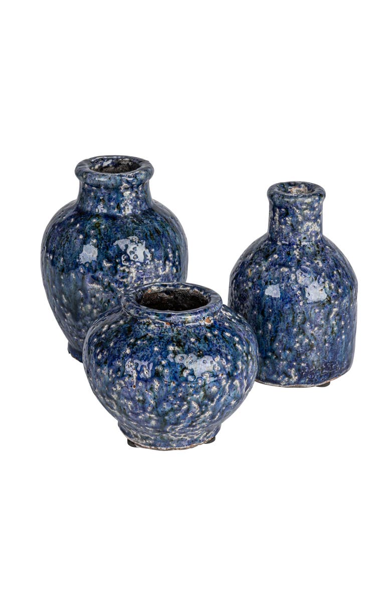 Storied Home Decorative Terra-cotta Vases with Crackle Glaze, Navy, Set of 3, Main, color, Blue