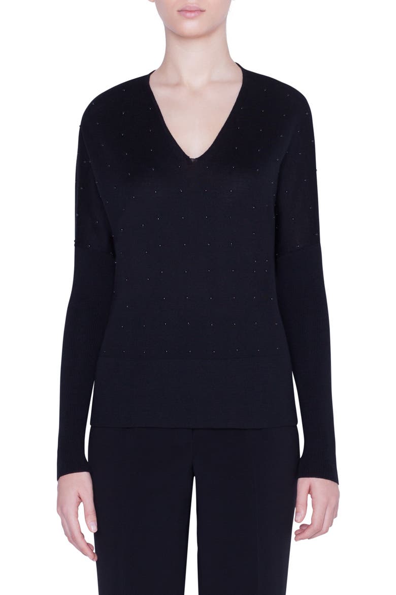Studded V-Neck Merino Wool Sweater, Main, color, BLACK