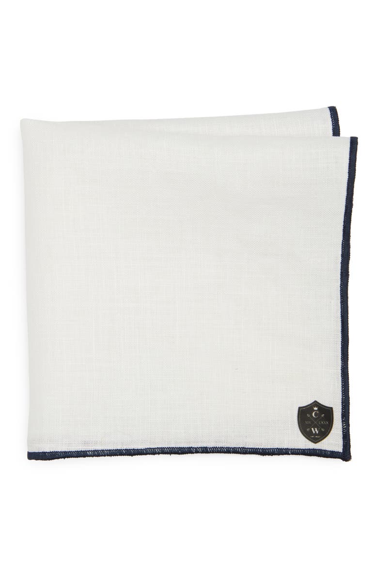 White Linen Pocket Square with Navy Trim, Main, color, NAVY