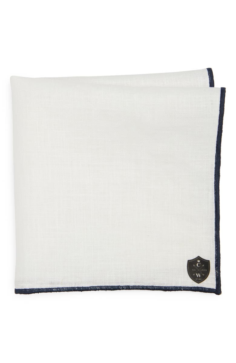 CLIFTON WILSON White Linen Pocket Square with Navy Trim, Main, color, Navy