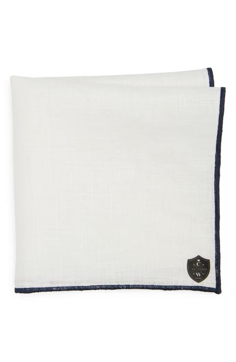 White Linen Pocket Square with Navy Trim