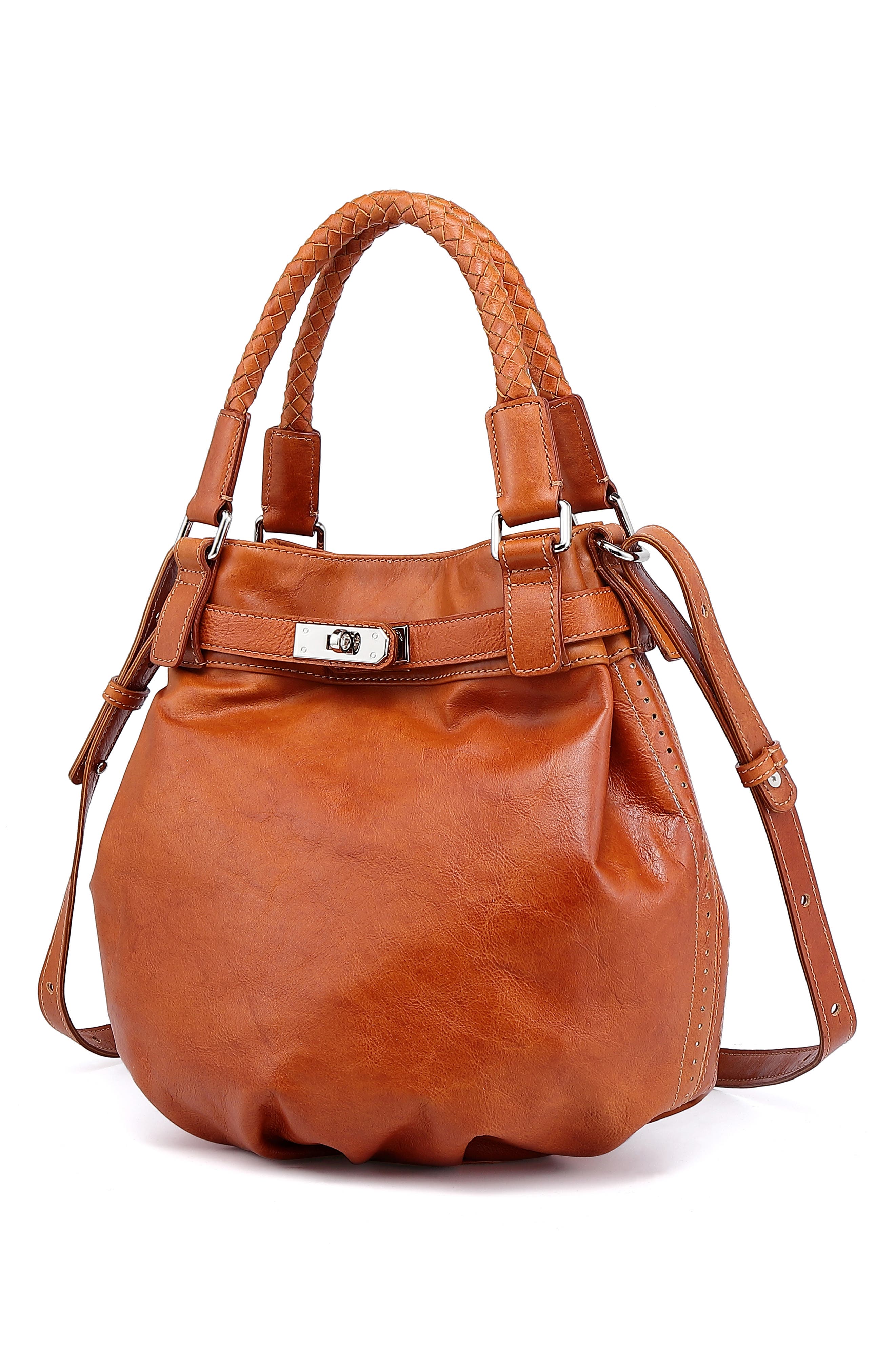 Leather Pumpkin Bucket Bag, Alternate, color, COGNAC