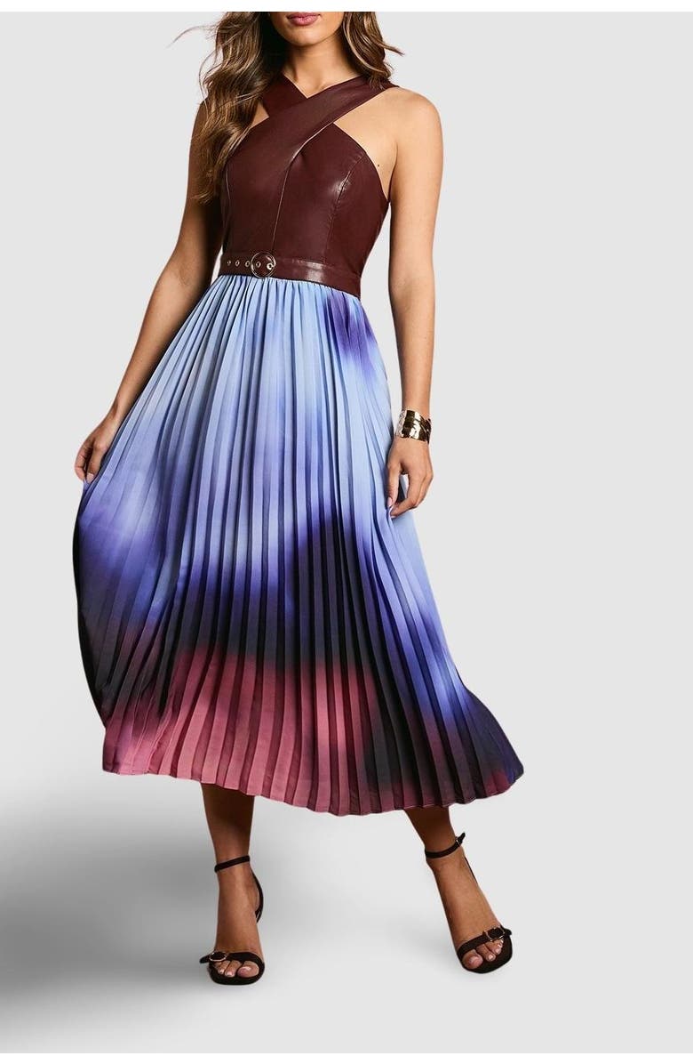 Coast PU Cross Neck Belted Midi Dress, Alternate, color, Burgundy