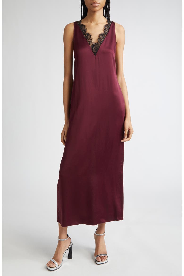 Lace Trim Satin Slipdress, Main, color, BORDEAUX