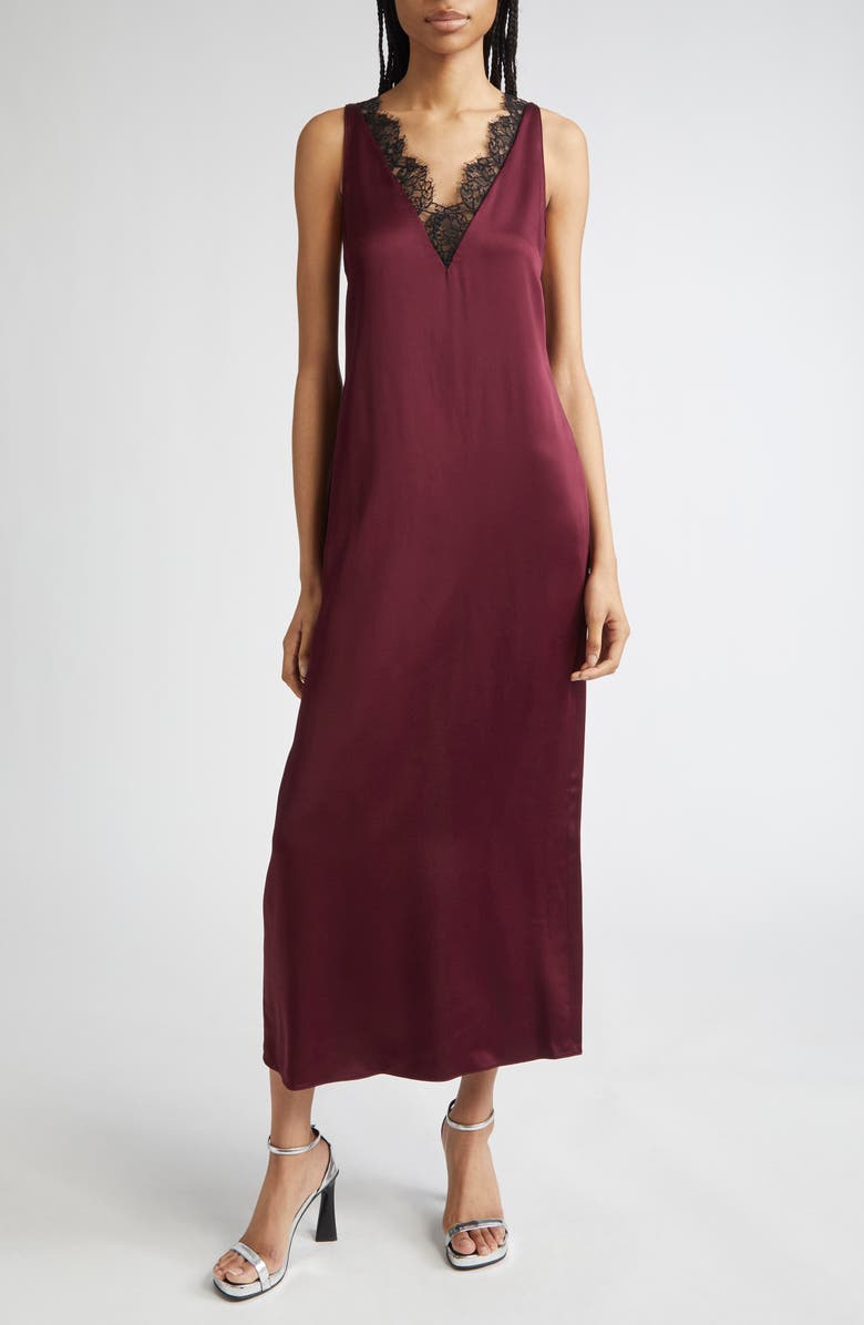Stella McCartney Lace Trim Satin Slipdress, Main, color, Bordeaux