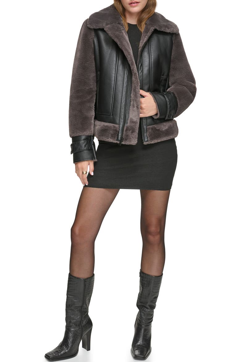Faux Fur Trim Faux Leather Aviator Jacket, Alternate, color, PEPPERCORN