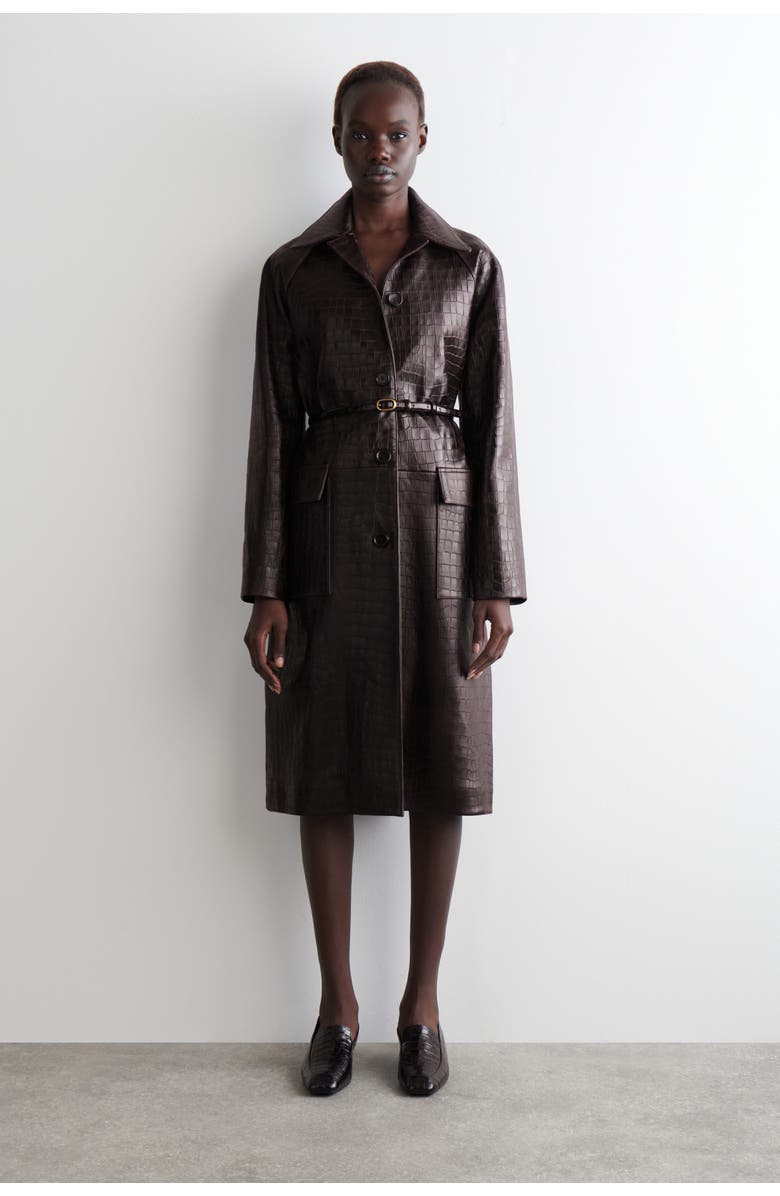 COS Croc-effect Leather Long Coat, Main, color, Dark Brown