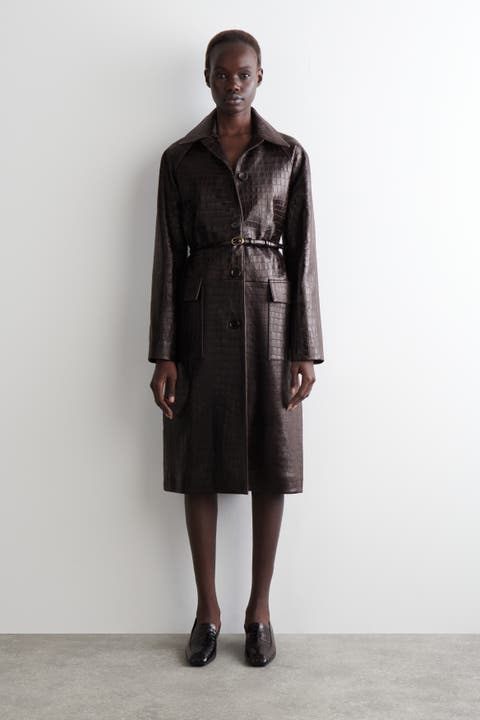 Croc-effect Leather Long Coat