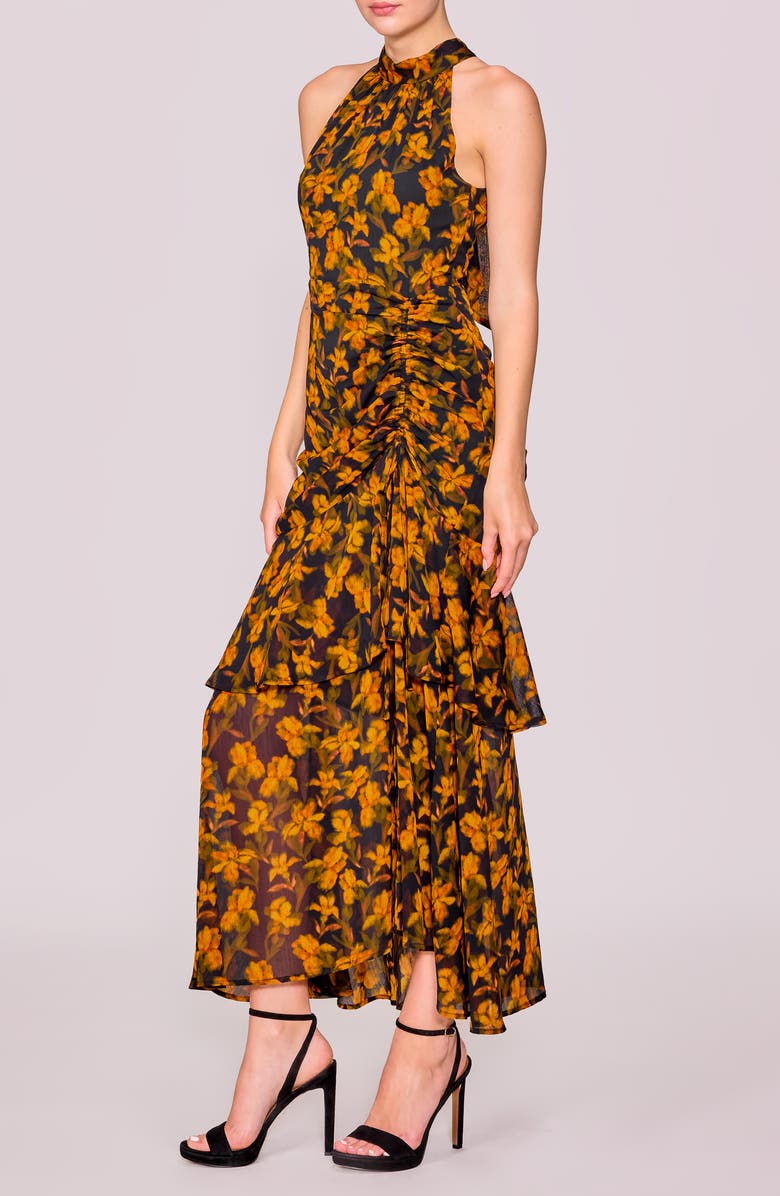 MELLODAY Floral Print Shirred Sleeveless Dress, Alternate, color, Black Orange Floral