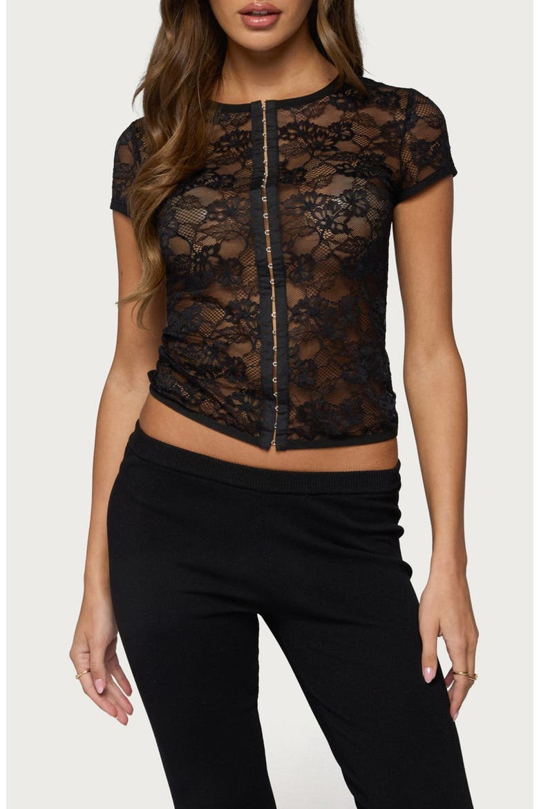 Jessi Sheer Lace Hook & Eye Top, Main, color, BLACK