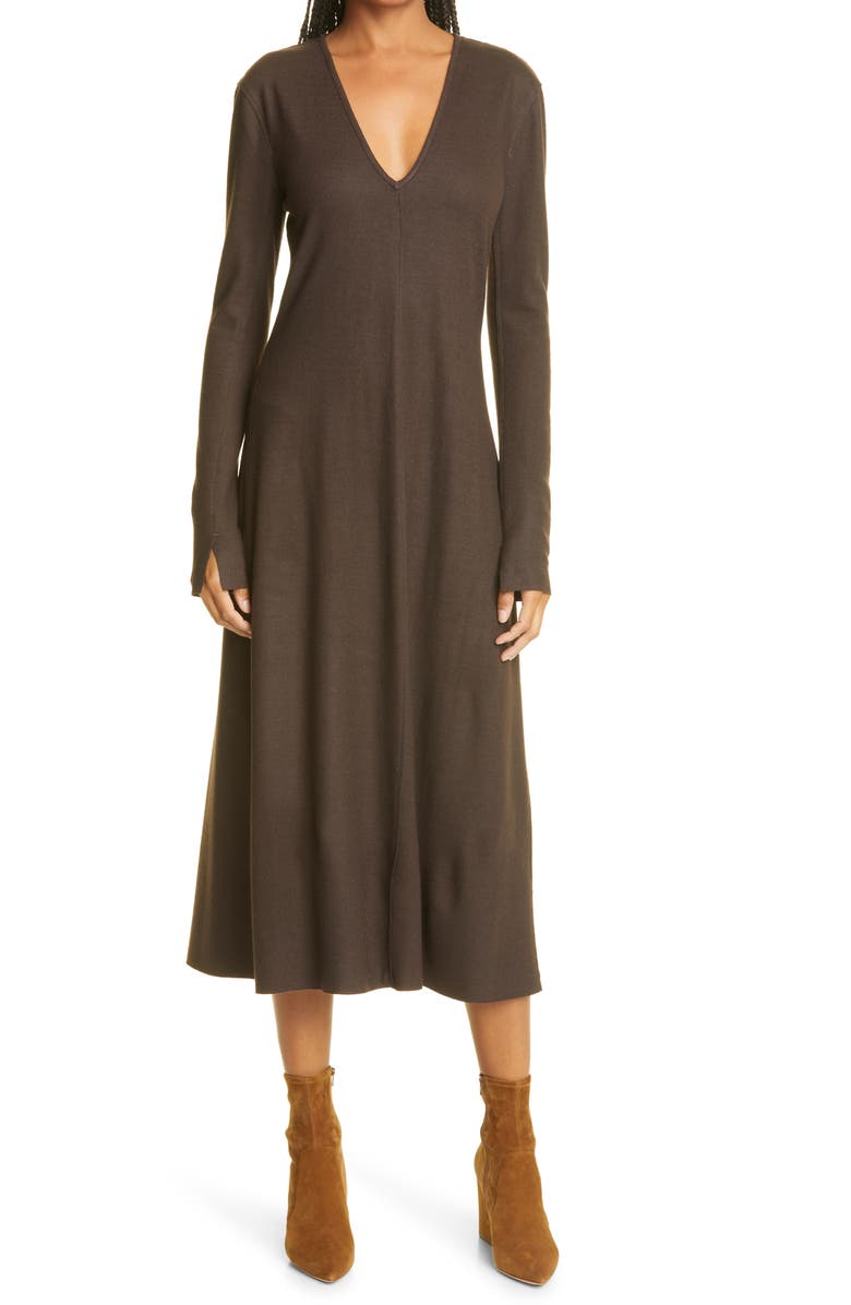 rag & bone Yan V-Neck Long Sleeve Wool Dress, Main, color, Chocobrw