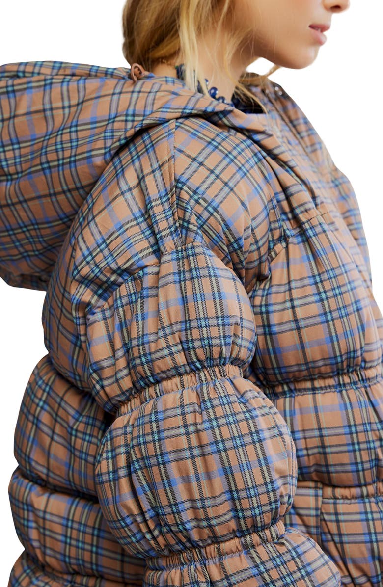 Free People Party of One Plaid Water Resistant Hooded Puffer Jacket, Alternate, color, Tan Combo