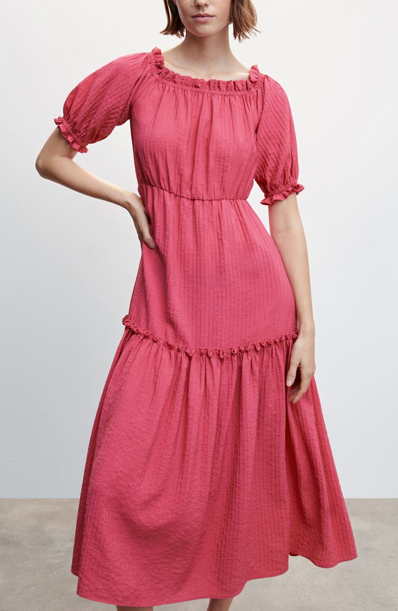 MANGO Puff Sleeve Tiered Midi Dress, Alternate, color,