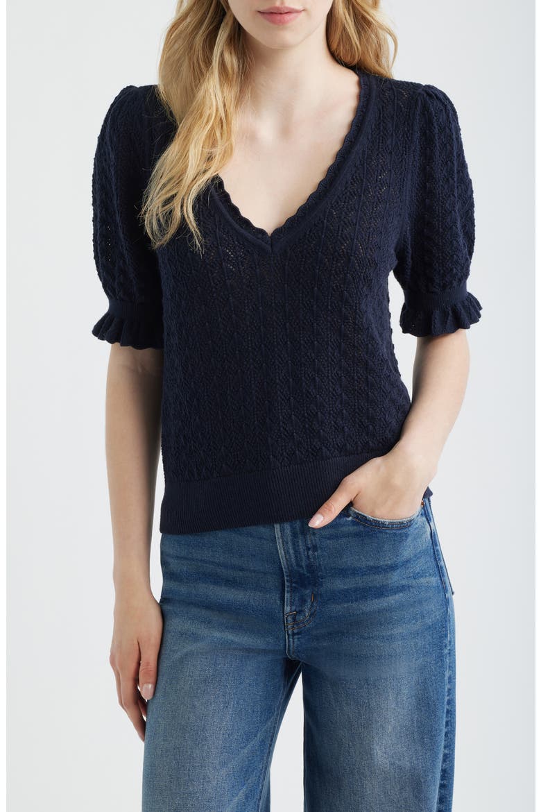 Haisley Pointelle Stitch Organic Cotton & Silk Blend Sweater, Main, color, DEEP NAVY