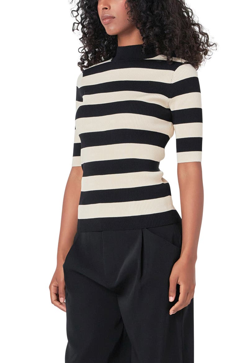Stripe Short Sleeve Mock Neck Sweater, Alternate, color, BLACK/ NUDE
