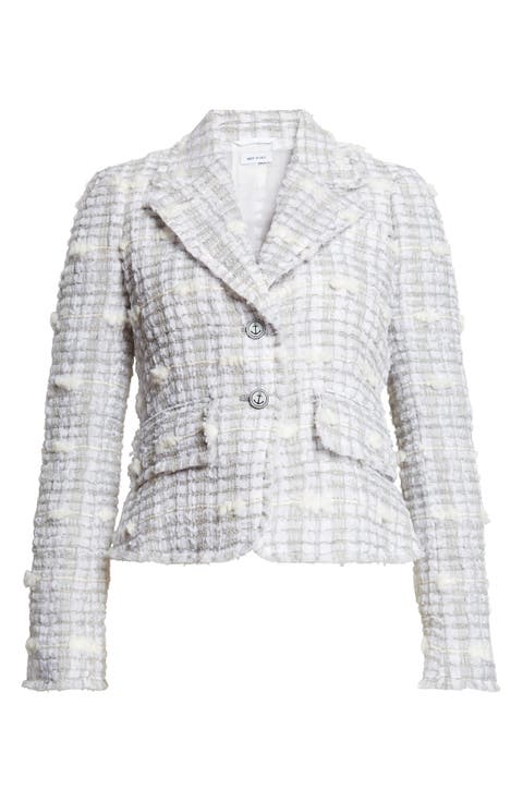 Crop Sculpted Shoulder Pouf Tweed Jacket